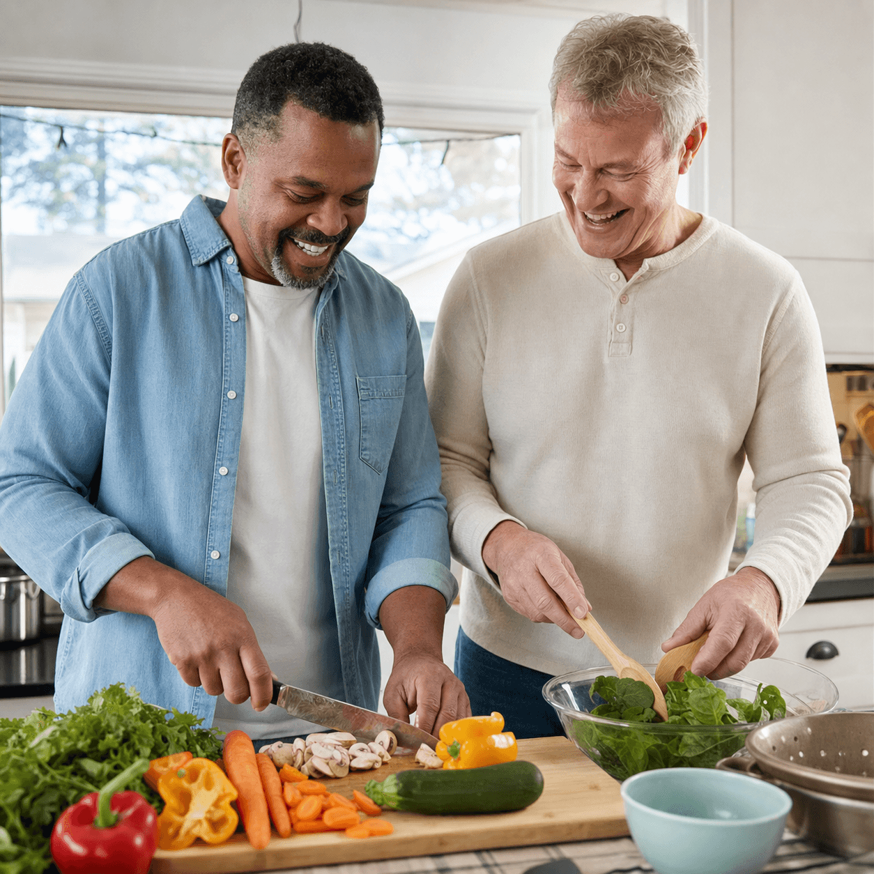Two adults cooking together in a welcoming home