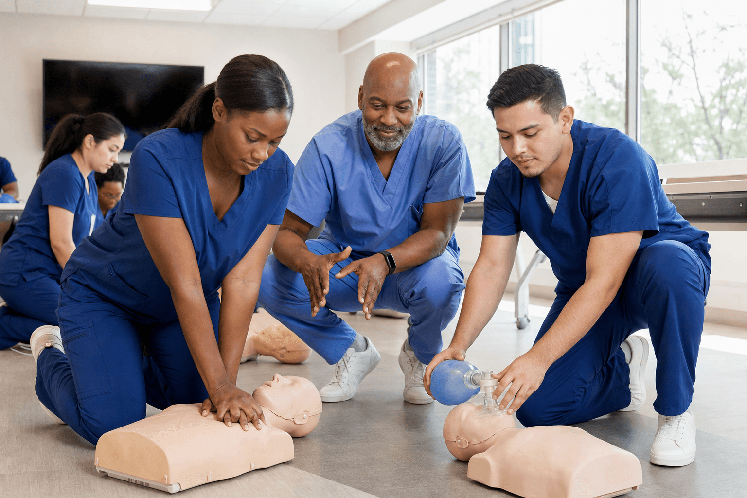 Healthcare professionals practicing coordinated BLS skills on adult manikins